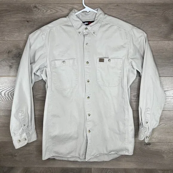 Wrangler Riggs Workwear Button Down Shirt Mens Large Button Up Pocket Tan Sand - Picture 2 of 8